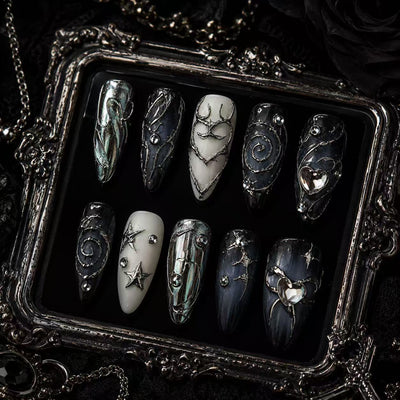 Moonlit Phantom Black Silver Press-On Nails – Elegant Gothic Witchcore Style/008