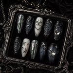 Moonlit Phantom Black Silver Press-On Nails – Elegant Gothic Witchcore Style/008