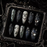 Moonlit Phantom Black Silver Press-On Nails – Elegant Gothic Witchcore Style/008
