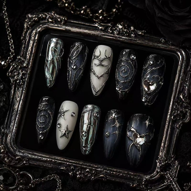 Moonlit Phantom Black Silver Press-On Nails – Elegant Gothic Witchcore Style/008