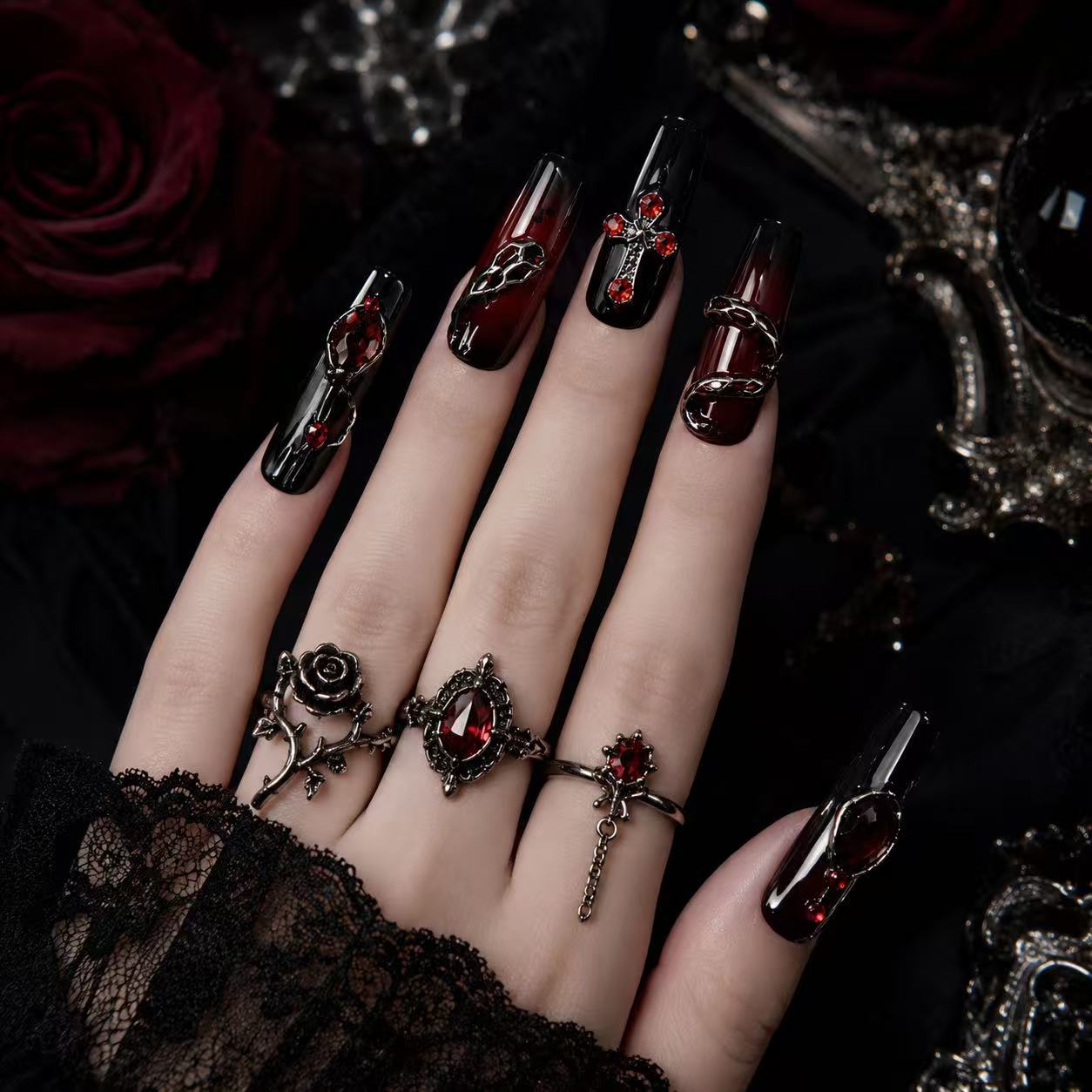 Dark Elegance Nails ¨C Luxury Gothic Chic Press-Ons Black-to-Gray Gradient Nails with Metallic 3D Accents Rebel & Glam ¨C Reusable Stick-On Luxury Nails/0003