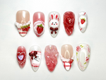 Kawaii Bunny & Strawberry Press-On Nails | Handmade Bunny Nail Art | Cute Girly Nails | 3D Kawaii Nails | Cottagecore Nail Art | JB689H