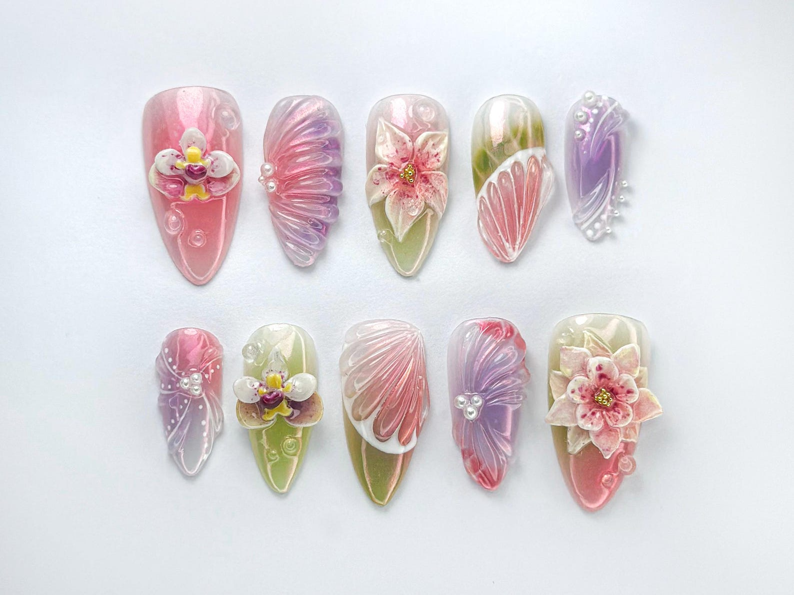 Pastel Orchid Bloom Press-On Nails | Romantic Floral Pink Nails | Elegant Ombre Press-On Nails | Garden-Inspired Nail Art | JC731HK