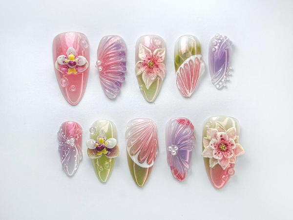 Pastel Orchid Bloom Press-On Nails | Romantic Floral Pink Nails | Elegant Ombre Press-On Nails | Garden-Inspired Nail Art | JC731HK