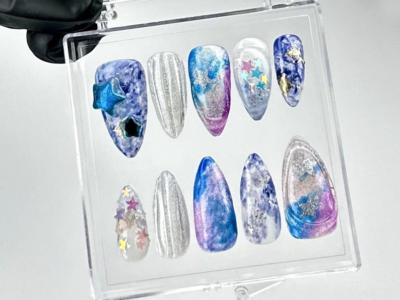 Galaxy Star Press On Nails | Purple, Blue, and Silver Nails | Astral Dreams Fake Nails | Starry Sky Nail Art |Stellar Cosmic Nails| HB698YC
