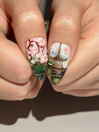 Asian Inspired Luxury Press On Nails | Jade Green Gold Floral Nails | Handpainted Pagoda Nail Art | Elegant Statement Press Ons | JB309HC