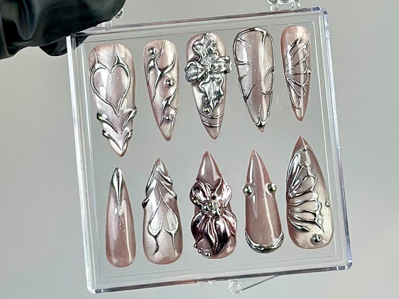 Metallic Chrome Press On Nails | Butterfly Wings Press Ons | Shiny Silver Fake Nails | Elegant Metallic Nail Art |Gothic, Y2K Nails |HB755YK