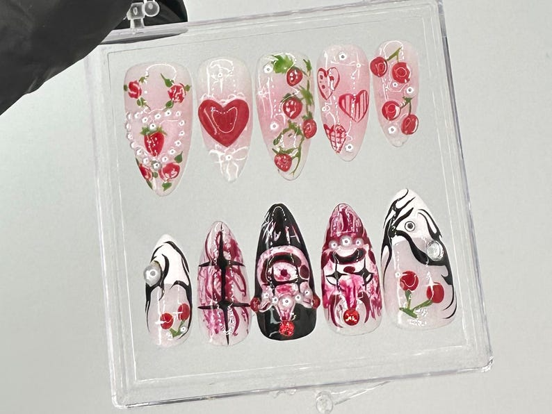 Strawberry Love Gothic Almond Nails | Bold Gothic & Sweet Flora Fake Nails | Artistic 3D Nail Art | Valentine?M¨´¨¹ Day Fake Nails | HB717YK