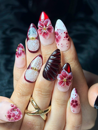 Burgundy Red Floral Press On Nails | 3D Wine Flower Nails | Dark Romantic Nail Art | Elegant Gradient Nails | Luxury Press Ons | JB324HK