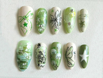Spring Garden Long Almond Nails | Green Leaf & Floral Designs | Handcrafted Faux Nail Art | Trendy Nail Art | Unique Handmade Nails |JB534H