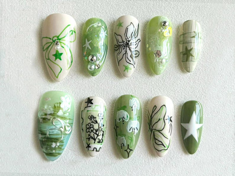 Spring Garden Long Almond Nails | Green Leaf & Floral Designs | Handcrafted Faux Nail Art | Trendy Nail Art | Unique Handmade Nails |JB534H