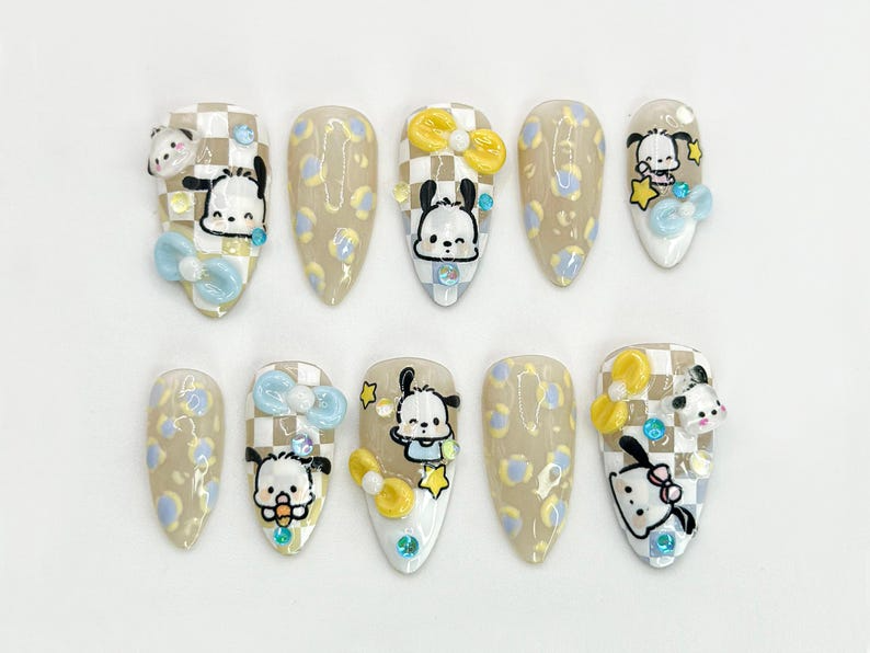 Kawaii Puppy Press On Nails | Cute Character Nail Art | Handmade Cartoon Nail Set | 3D Kawaii Nails | Handmade Nail Art | JC672HC