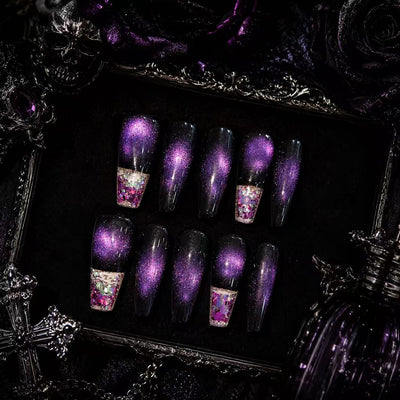 Dark Elegance Nails ¨C Luxury Gothic Chic Press-Ons Black-to-Gray Gradient Nails with Metallic 3D Accents Rebel & Glam ¨C Reusable Stick-On Luxury Nails/0001