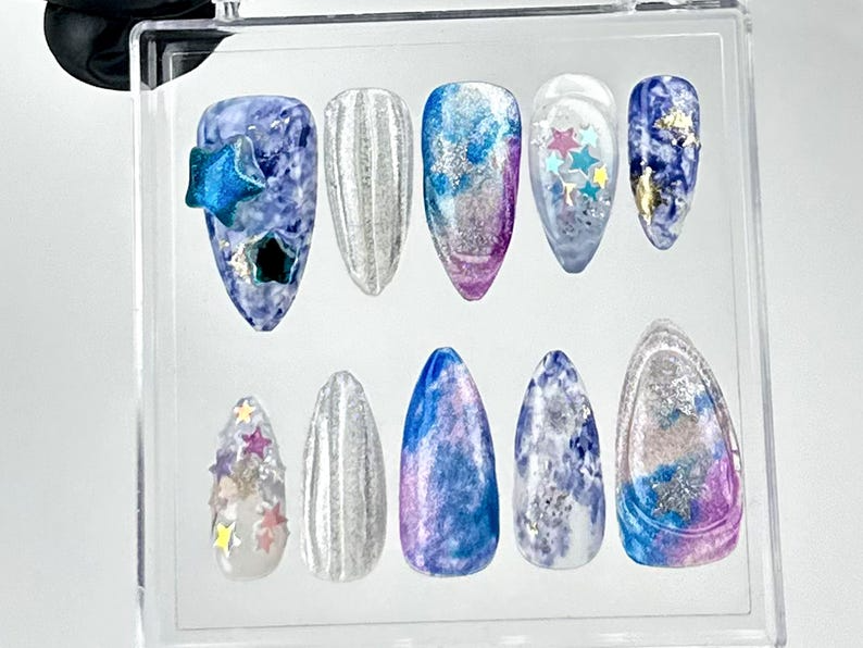 Galaxy Star Press On Nails | Purple, Blue, and Silver Nails | Astral Dreams Fake Nails | Starry Sky Nail Art |Stellar Cosmic Nails| HB698YC