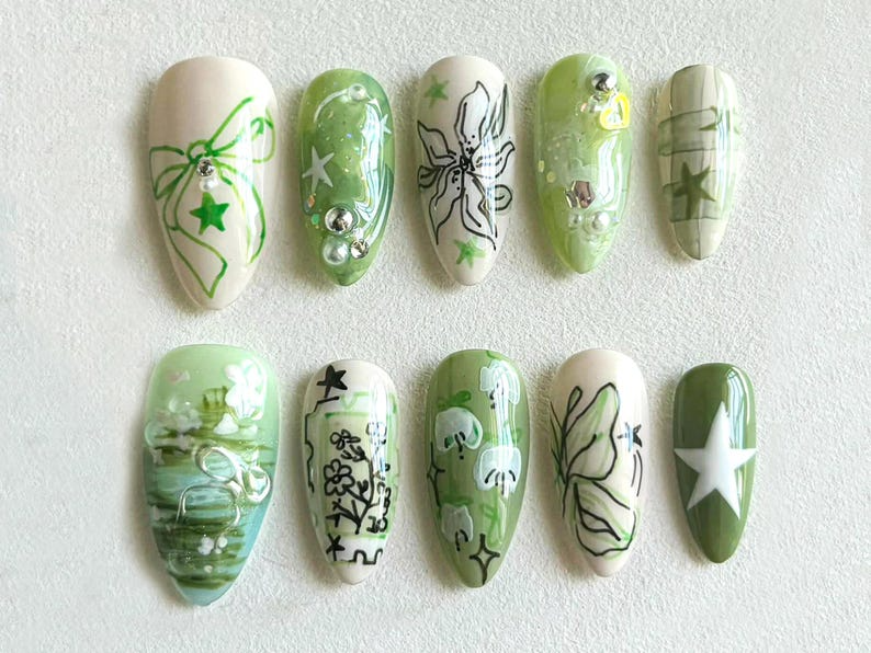 Spring Garden Long Almond Nails | Green Leaf & Floral Designs | Handcrafted Faux Nail Art | Trendy Nail Art | Unique Handmade Nails |JB534H
