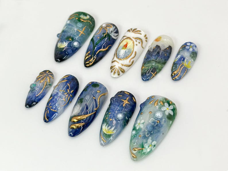 Handcrafted Galaxy Press On Nails | Blue and Gold Star Nails | Mystical Cosmic Nail Art | Galaxy-Inspired Luxury Nails | Dreamy Nail|JB579HK