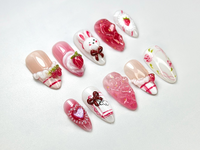 Kawaii Bunny & Strawberry Press-On Nails | Handmade Bunny Nail Art | Cute Girly Nails | 3D Kawaii Nails | Cottagecore Nail Art | JB689H