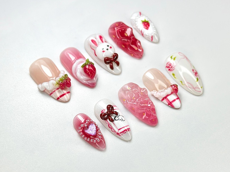 Kawaii Bunny & Strawberry Press-On Nails | Handmade Bunny Nail Art | Cute Girly Nails | 3D Kawaii Nails | Cottagecore Nail Art | JB689H