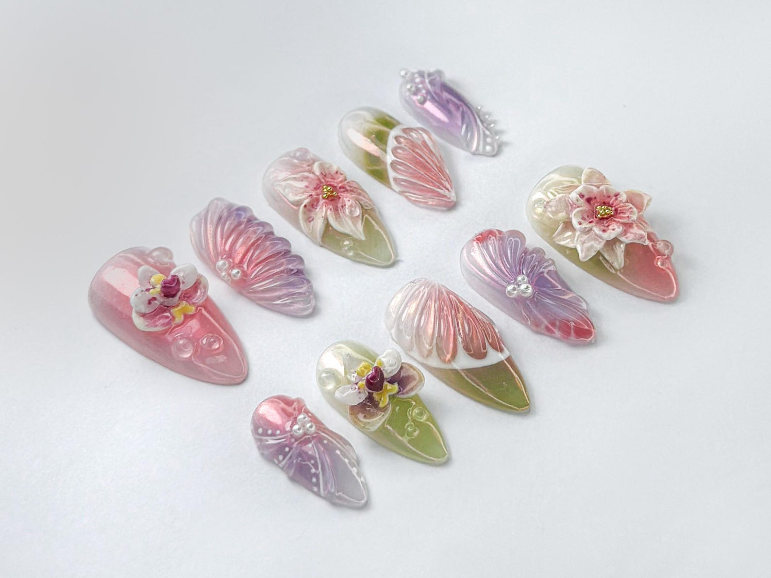 Pastel Orchid Bloom Press-On Nails | Romantic Floral Pink Nails | Elegant Ombre Press-On Nails | Garden-Inspired Nail Art | JC731HK