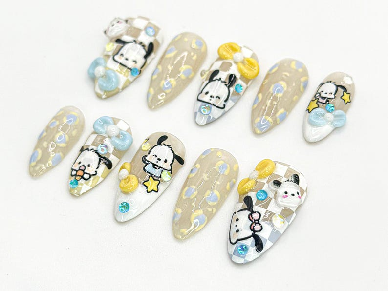 Kawaii Puppy Press On Nails | Cute Character Nail Art | Handmade Cartoon Nail Set | 3D Kawaii Nails | Handmade Nail Art | JC672HC