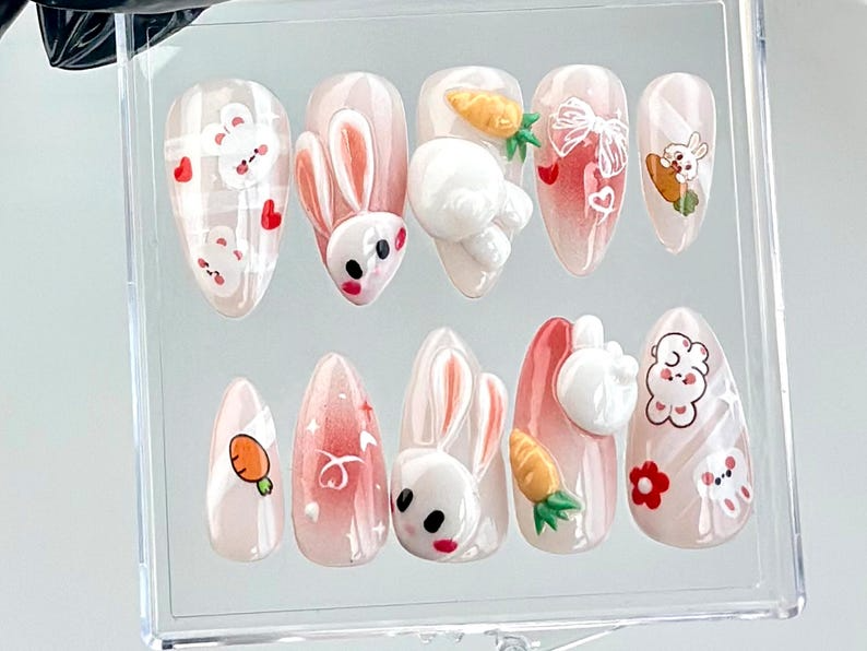 Bunny-Easter Almond Nails | Bunny Ears & Carrot Nail Art | Cute Animal Fake Nails | Adorable 3D Pink False Nails | Kawaii Nails | HB728YC