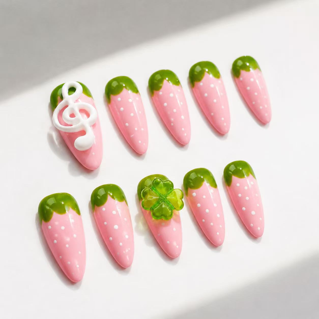 Strawberry Bliss Press-On Nails ¨C Pink & Green Cute Almond Set Chic Strawberry Stiletto Nails with 3D Musical & Clover Accent Pastel Pink & Green Strawberry-Inspired Reusable Press-On Nails/003