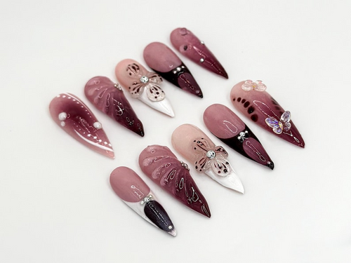 Burgundy Floral 3D Press On Nails | Floral Design with Rhinestones| Floral Accents And Pearl Details | Stylish & Trendy Nail Design | JB660H