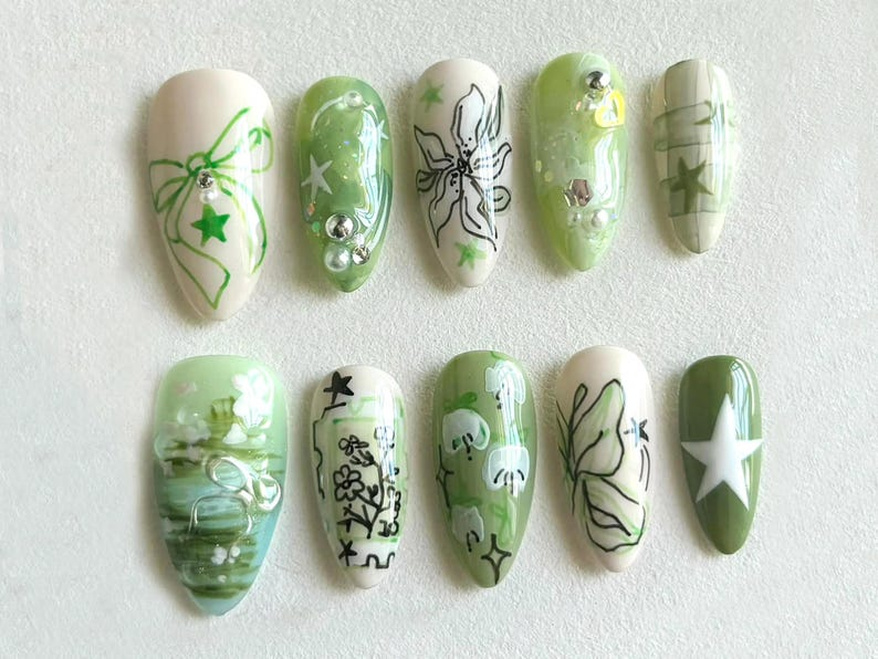 Spring Garden Long Almond Nails | Green Leaf & Floral Designs | Handcrafted Faux Nail Art | Trendy Nail Art | Unique Handmade Nails |JB534H