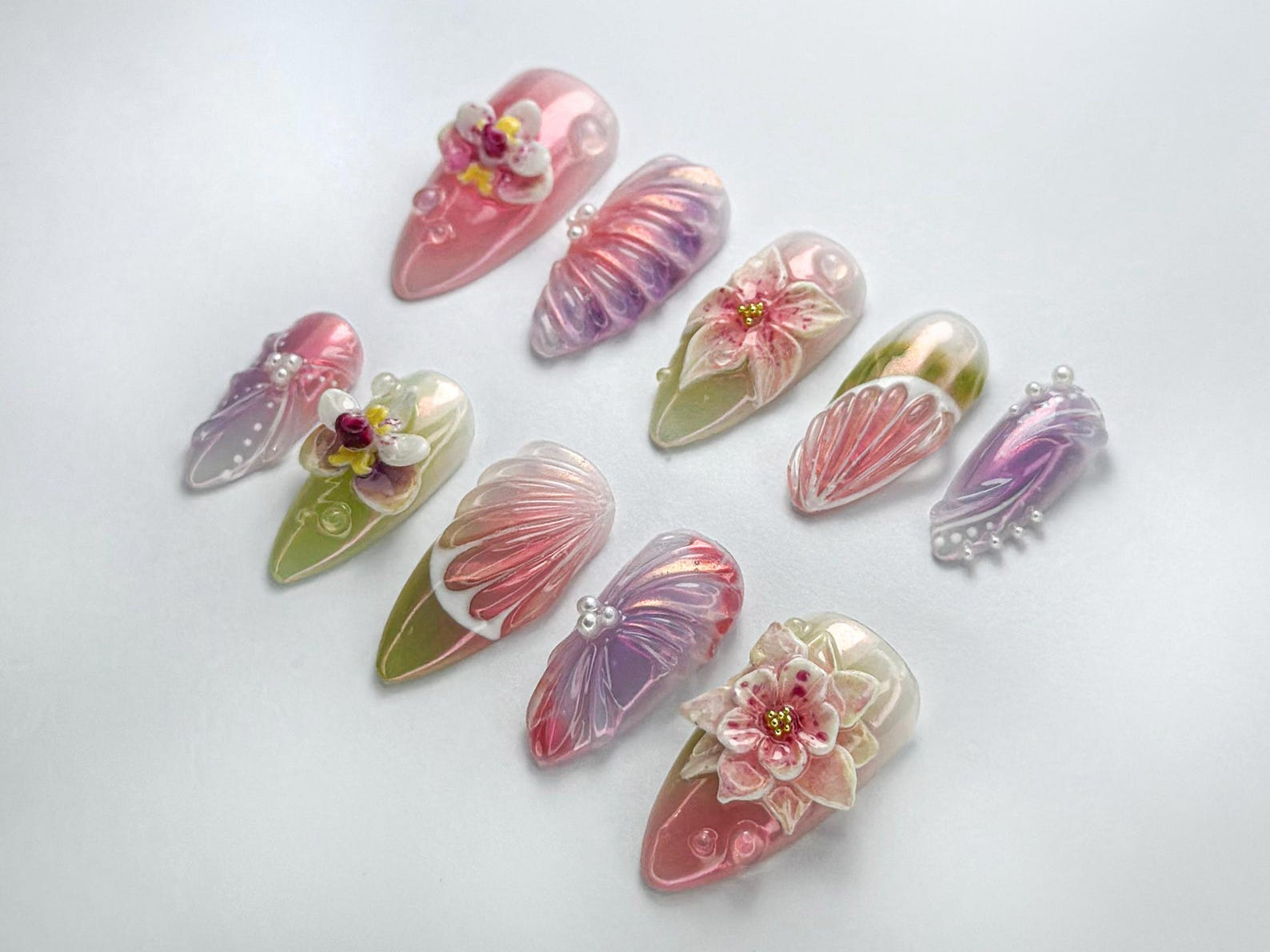 Pastel Orchid Bloom Press-On Nails | Romantic Floral Pink Nails | Elegant Ombre Press-On Nails | Garden-Inspired Nail Art | JC731HK
