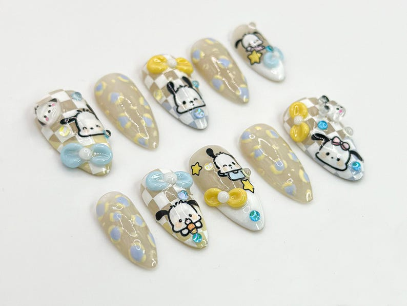 Kawaii Puppy Press On Nails | Cute Character Nail Art | Handmade Cartoon Nail Set | 3D Kawaii Nails | Handmade Nail Art | JC672HC