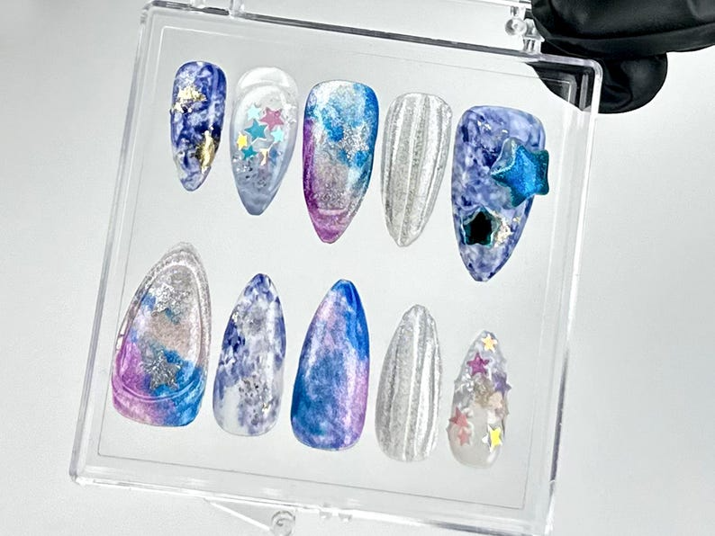 Galaxy Star Press On Nails | Purple, Blue, and Silver Nails | Astral Dreams Fake Nails | Starry Sky Nail Art |Stellar Cosmic Nails| HB698YC