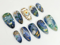Handcrafted Galaxy Press On Nails | Blue and Gold Star Nails | Mystical Cosmic Nail Art | Galaxy-Inspired Luxury Nails | Dreamy Nail|JB579HK