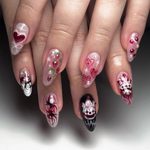 Strawberry Love Gothic Almond Nails | Bold Gothic & Sweet Flora Fake Nails | Artistic 3D Nail Art | Valentine?M¨´¨¹ Day Fake Nails | HB717YK