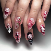 Strawberry Love Gothic Almond Nails | Bold Gothic & Sweet Flora Fake Nails | Artistic 3D Nail Art | Valentine?M¨´¨¹ Day Fake Nails | HB717YK