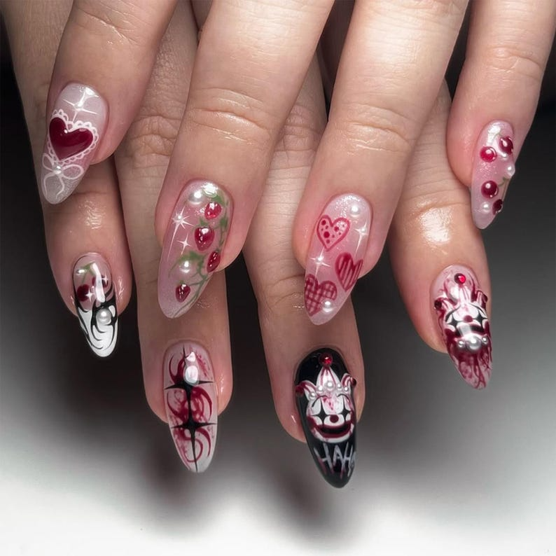 Strawberry Love Gothic Almond Nails | Bold Gothic & Sweet Flora Fake Nails | Artistic 3D Nail Art | Valentine?M¨´¨¹ Day Fake Nails | HB717YK