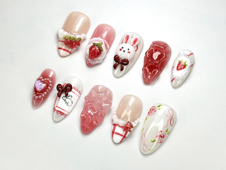 Kawaii Bunny & Strawberry Press-On Nails | Handmade Bunny Nail Art | Cute Girly Nails | 3D Kawaii Nails | Cottagecore Nail Art | JB689H