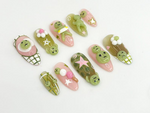 Kawaii Smiski-Inspired Press On Nails | Smiski-Inspired 3D Nails with Pink and Green Accents | Playful Smiski and Star Nail Set | JB640HK