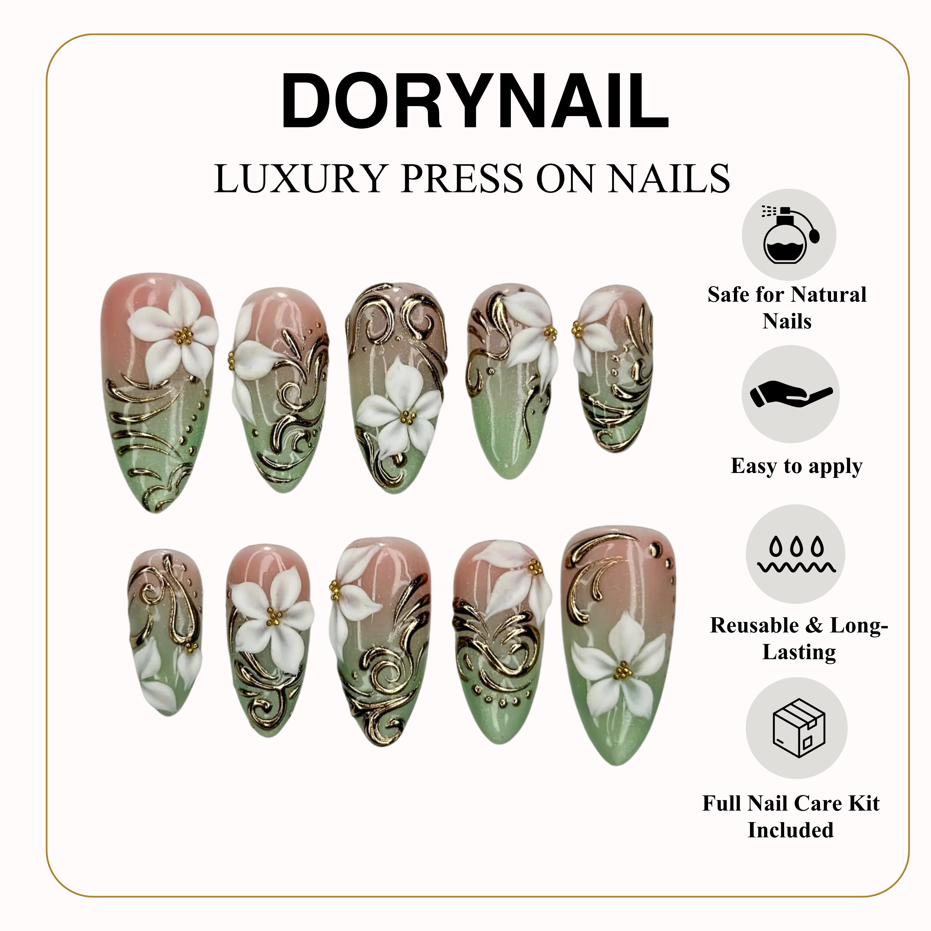 3D White Blossom Gold Press On Nails | Nude Green Luxury Stiletto Nails | Handmade Elegant Nail Art | Classic Luxury Press Ons | JB301EC