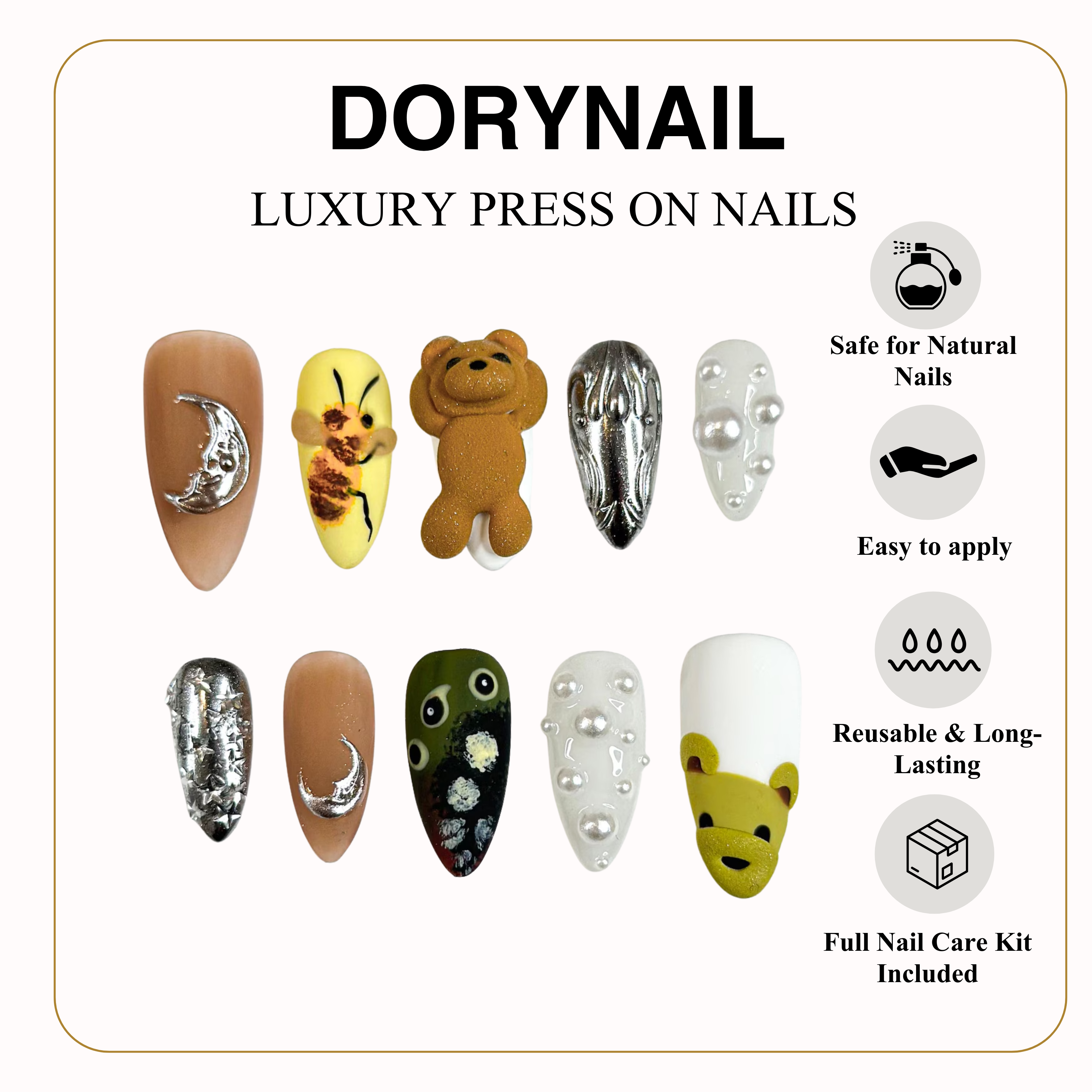 Cute Teddy Press On Nails | 3D Teddy Bear, Bee Nails | Handmade Animal Nail Art | Pearl & Chrome Accent Nails | Playful Press Ons | DB1021HC