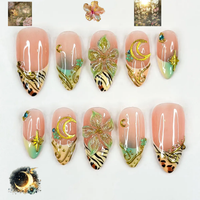 Gold Leopard Press On Nails for Luxury Party | Moon Star Luxury Nails | Nude Fantasy Nail Art | Glam Night Press Ons | JC298HK