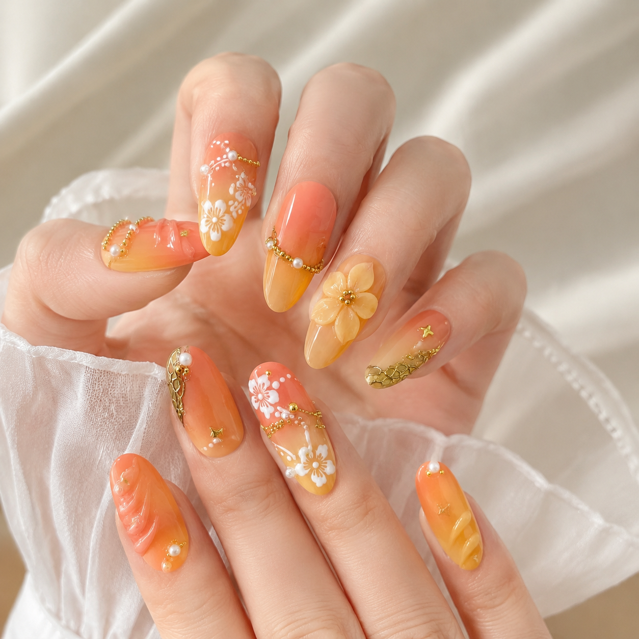 Sunset Bloom ¨C Elegant 3D Nail Art Golden Petals ¨C Luxury Nail Collection Sunrise Garden ¨C Chic European Nails/008