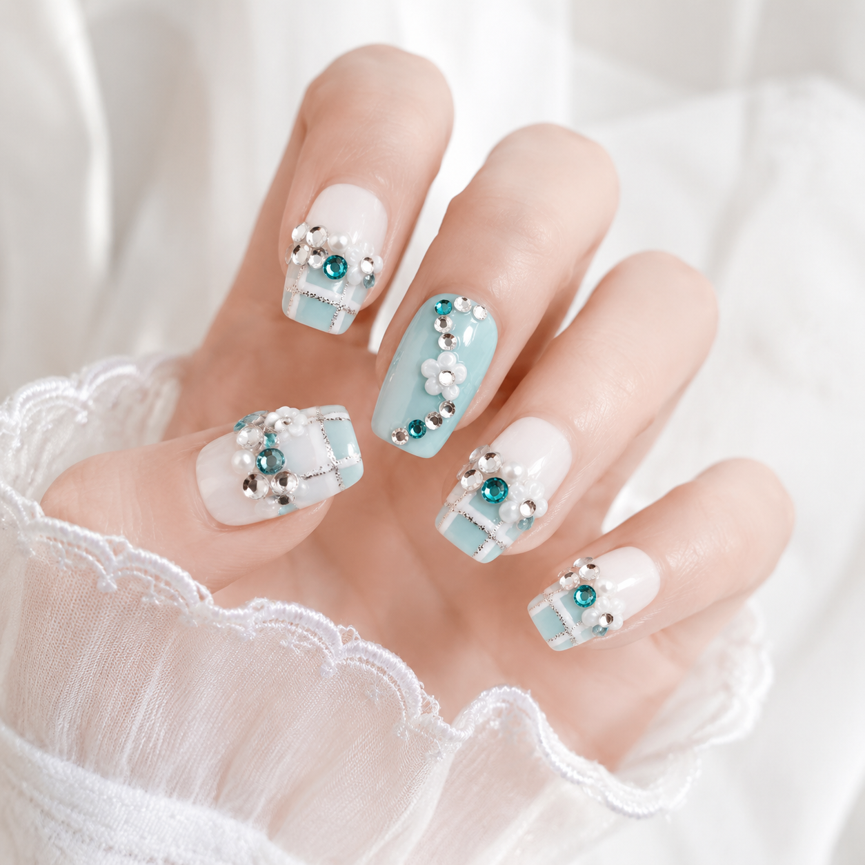 Tiffany Blue Rhinestone Press-On Nails Luxury Crystal & Pearl Nail Set Blue & White Plaid Glam Nails Sparkle 3D Flower Fake Nails/010