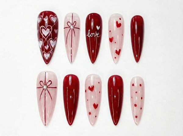 Valentine?M¨´¨¹ Day Heart Press On Nails | Red & Pink Romantic Nail Set | Handmade Gift for Girlfriend | Elegant Stiletto Fake Nails | HC999GC