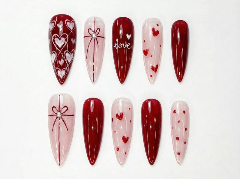 Valentine?M¨´¨¹ Day Heart Press On Nails | Red & Pink Romantic Nail Set | Handmade Gift for Girlfriend | Elegant Stiletto Fake Nails | HC999GC