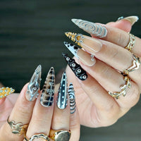 Gothic Silver Black Best Presson Nails | Spiral Gothic Nail Art | 3D Cross & Spiral Fake Nails | Punk Style Press Ons | Dark Nails | HC533YC