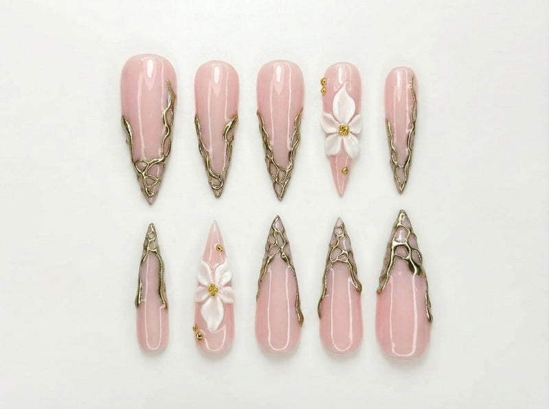 Nude Pink Luxury Press On Nails | Blush Floral Nails | 3D White Flower Nail Art | Elegant Bridal Press Ons | Soft Glam Nail Set | HC1232HC