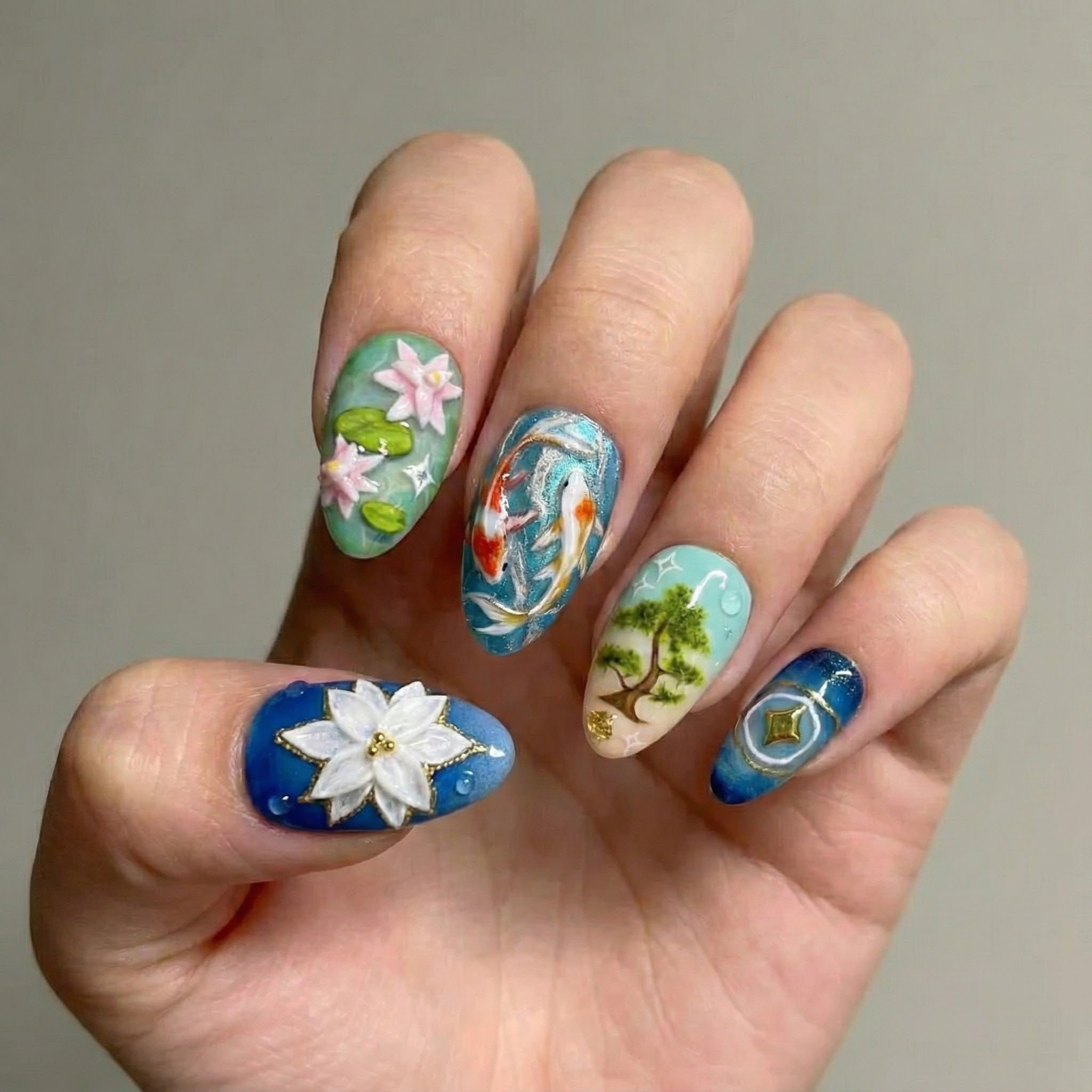 Lotus Koi Serenity Press On Nails | Zen Pond Nail Art | Koi Fish & Lotus Flower Nails | Nature Inspired Press Ons | JB264EC