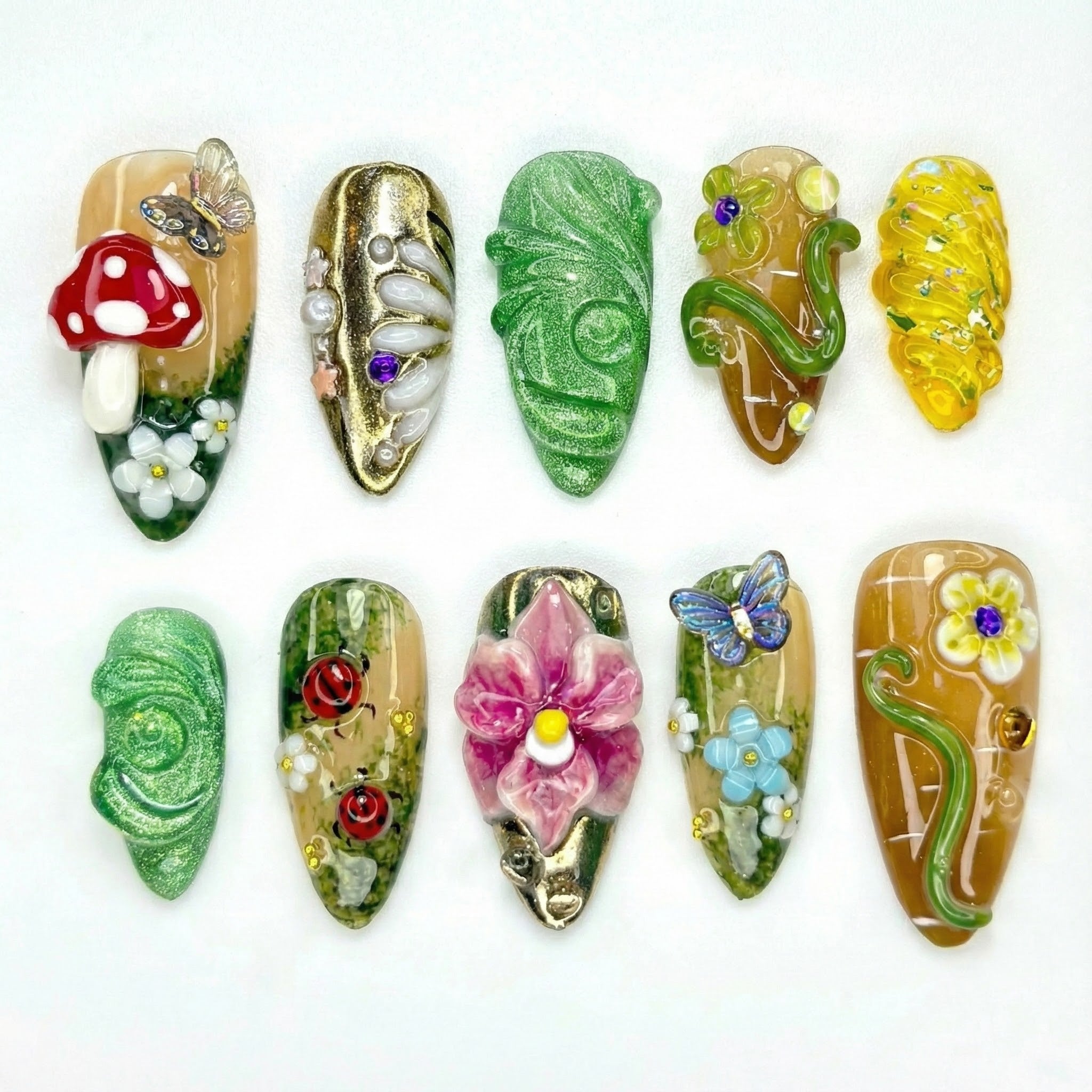 Enchanted Forest presson nails | 3D Mushroom Fairy Nail Art | Nature Inspired Press Ons |3D Fairy Garden Fake nails |Magical Nails |HB952YK