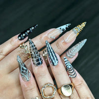 Gothic Silver Black Best Presson Nails | Spiral Gothic Nail Art | 3D Cross & Spiral Fake Nails | Punk Style Press Ons | Dark Nails | HC533YC