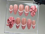 Elegant Pink Nude Press On Nails with Glossy Finish | Glossy Pink Nude Nails: Delightful Bow & Pearl Accent | Y2k Nails | HD169T
